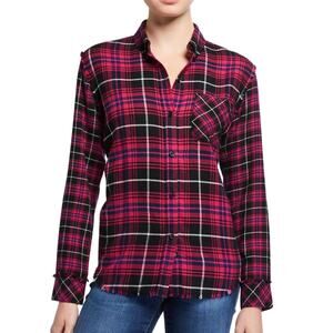 Rails Brock Fuschia Navy Black Plaid Flannel Frayed Long Sleeve Button Up Top